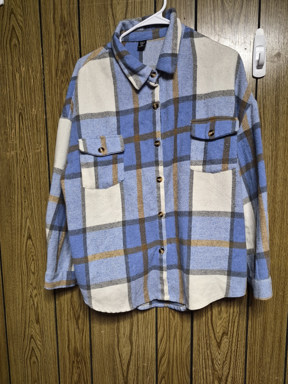 Blue, Camel & White Plaid Oversized Flannel Shacket